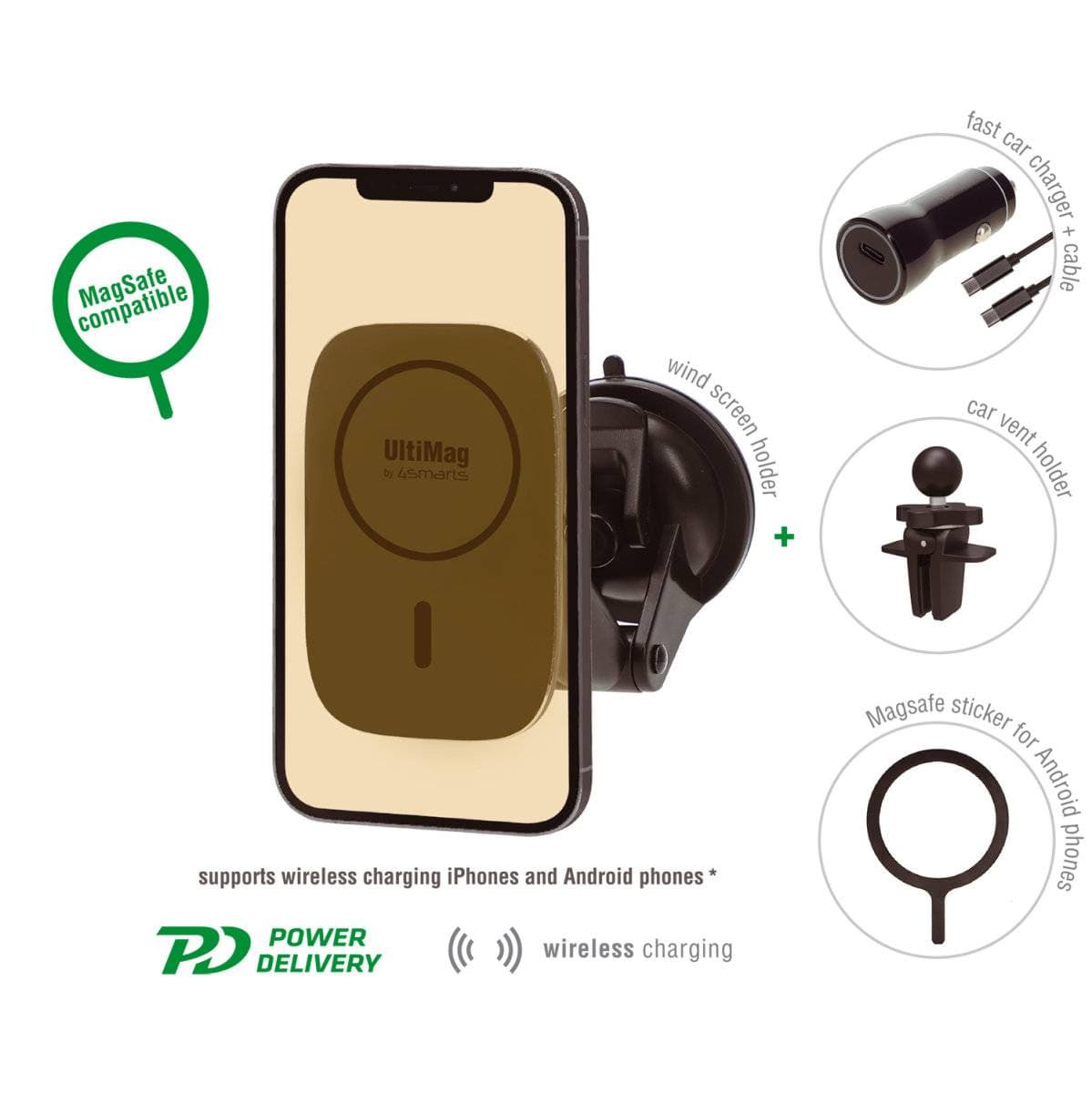 Carregador de Isqueiro + Suporte 4Smarts Wireless Car Charger Set UltiMag RoadTrip 15W Preto