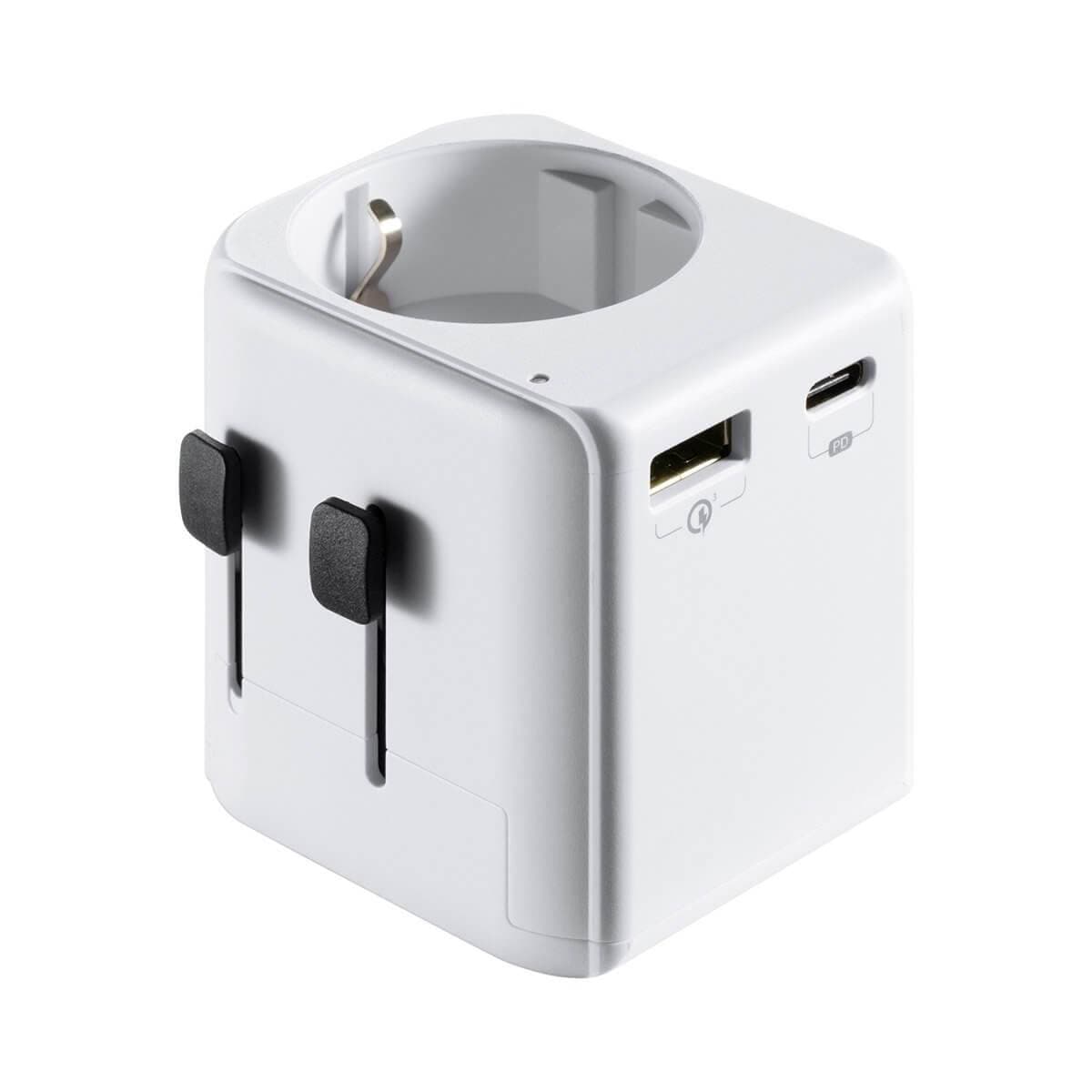 Adaptador de Viagem Ewent EW1472 Universal de Europa para USA/UK/AUS/CN + USB-A/USB-C Branco