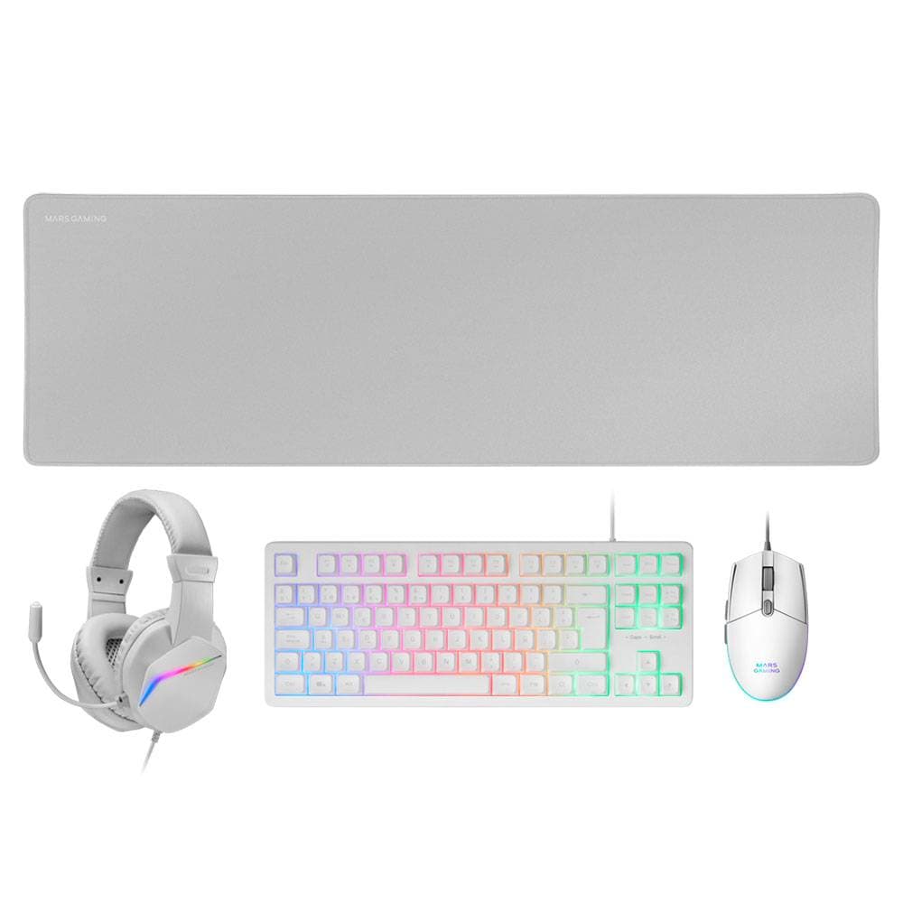 Bundle Mars Gaming MCPRGB3 4-in-1 Gaming Combo RGB Branco (Teclado TKL PT + Rato 3200DPI + Headset + Tapete XXL)