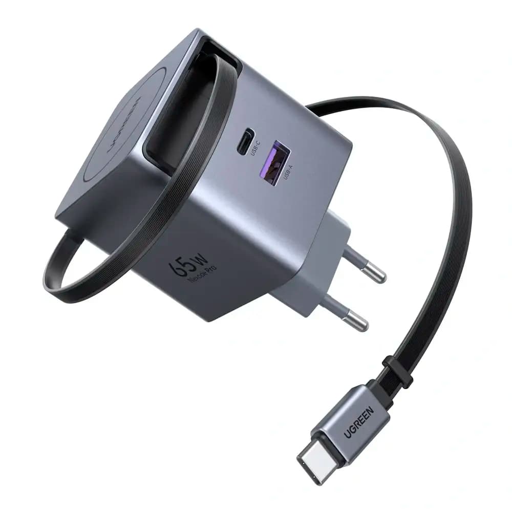 Carregador UGREEN Nexode GaN Infinity 65W 1x USB-A + 1x USB-C + 1x USB-C com Cabo Retrátil Cinza