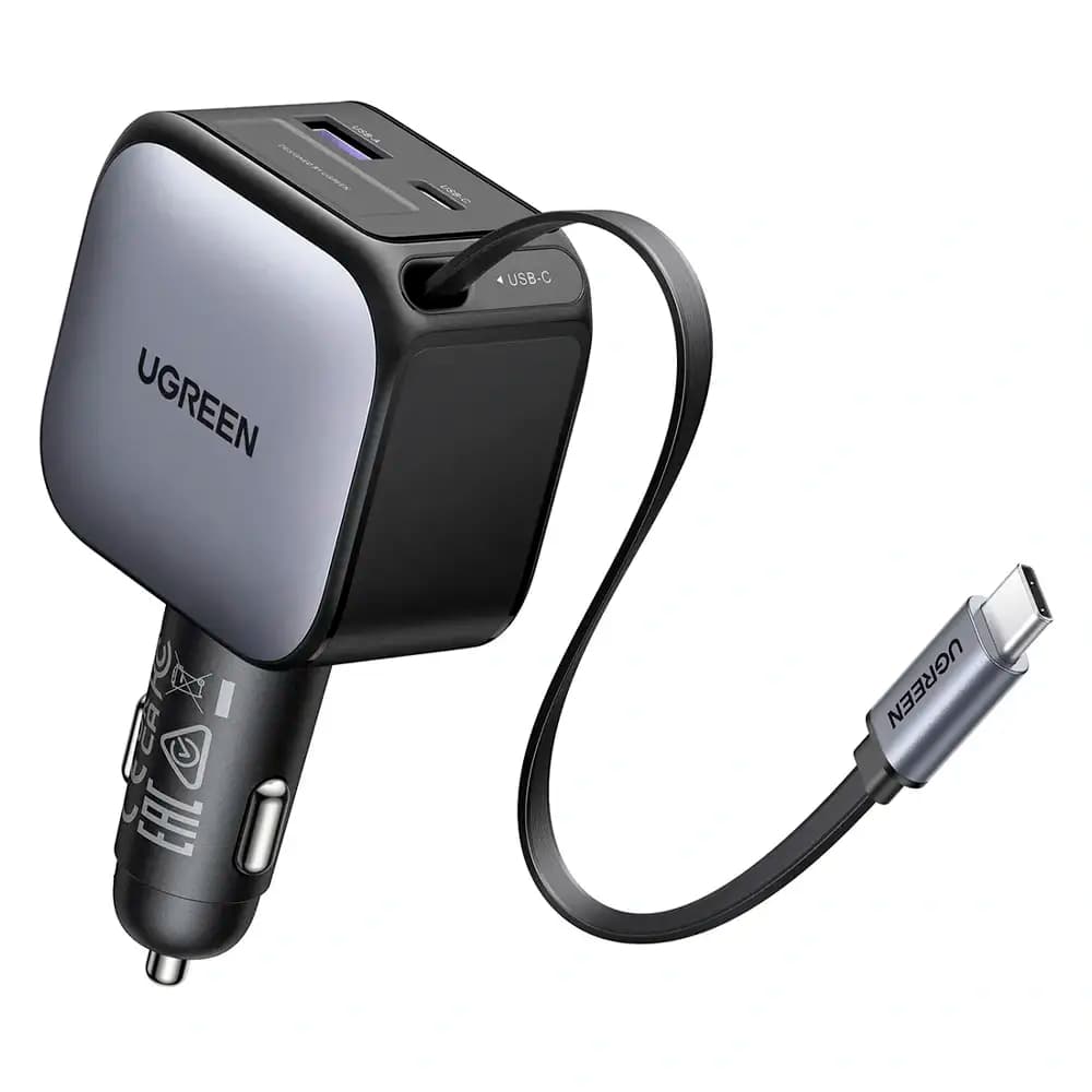 Carregador de Isqueiro UGREEN 55909B Dual USB-C + USB-A 90W com Cabo Retrátil Cinza