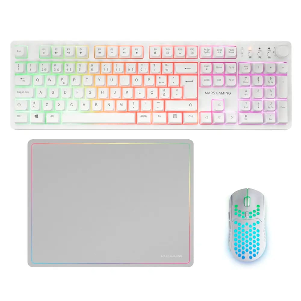 Bundle Mars Gaming MCPWXWPT 3-em-1 Gaming Combo RGB Branco (Teclado Wireless PT + Rato Wireless 3200DPI + Tapete L)
