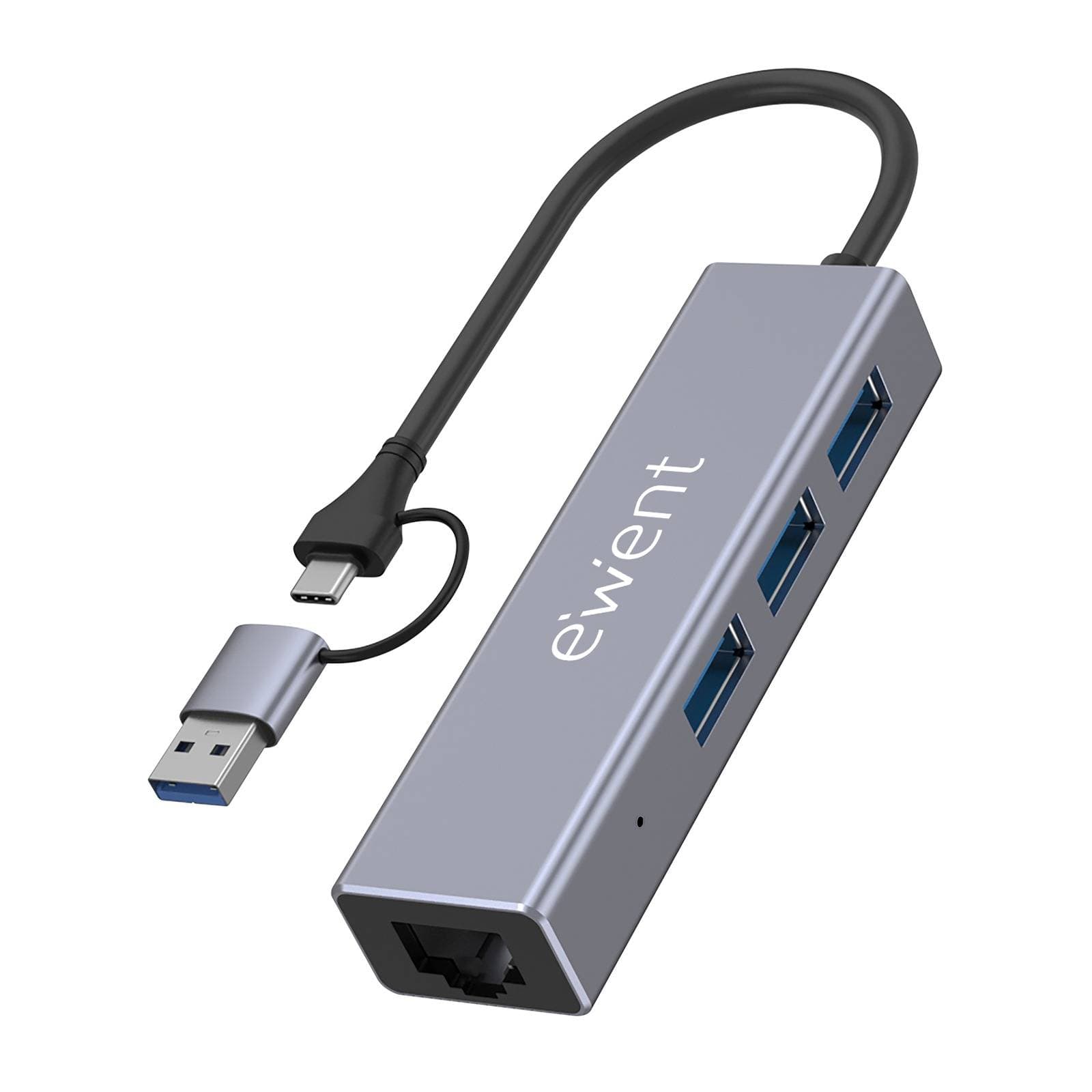 Hub USB-A/C Ewent EW1159 3 Portas USB-A 3.2 Gen 1 + 1 Porta RJ45 Gigabit Cinza