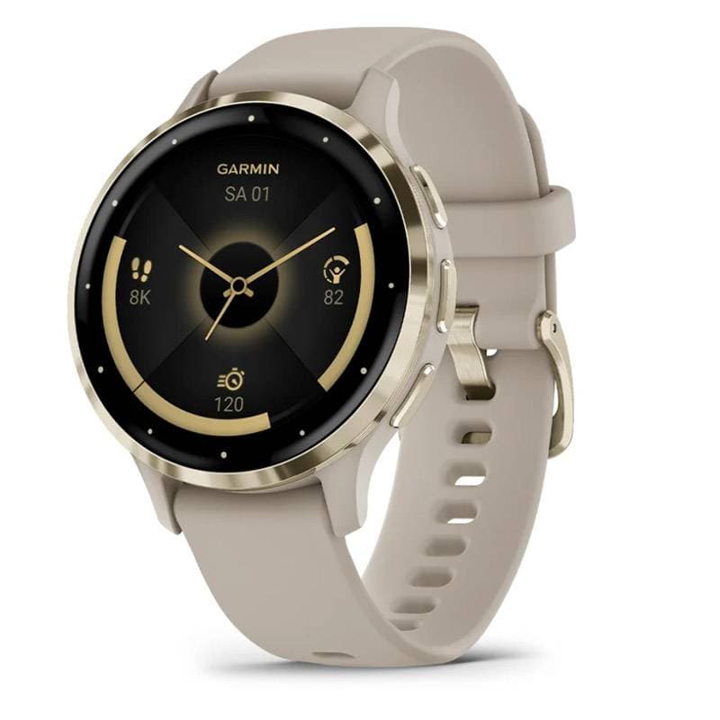 Smartwatch Garmin Venu 3S (41mm) Rebordo em Aço Inoxidável Dourado Macio com Caixa French Gray e Bracelete em Silicone