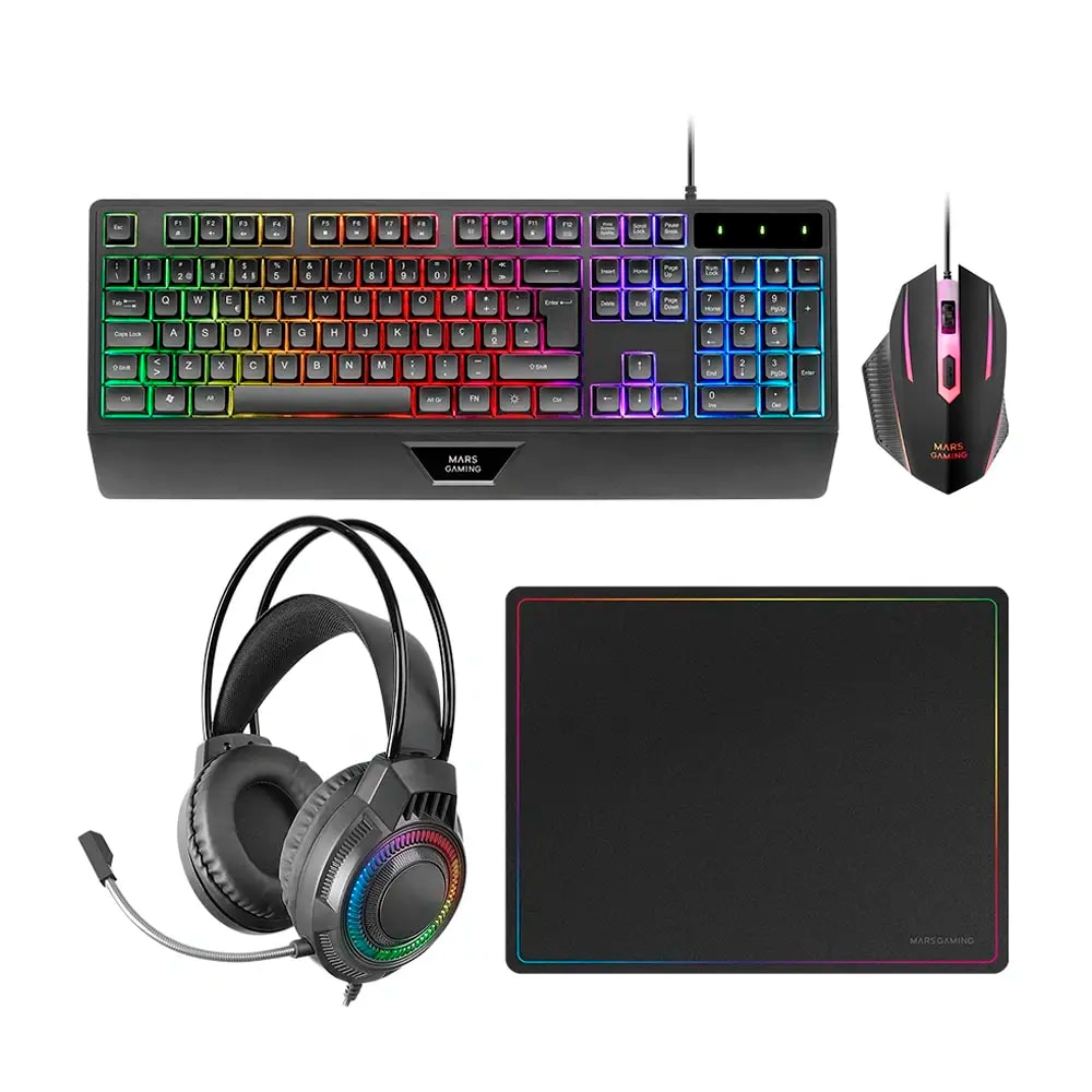 Bundle Mars Gaming MCP124PRO 4-em-1 Gaming Combo RGB Preto (Teclado PT + Rato 3200DPI + Headset + Tapete M)