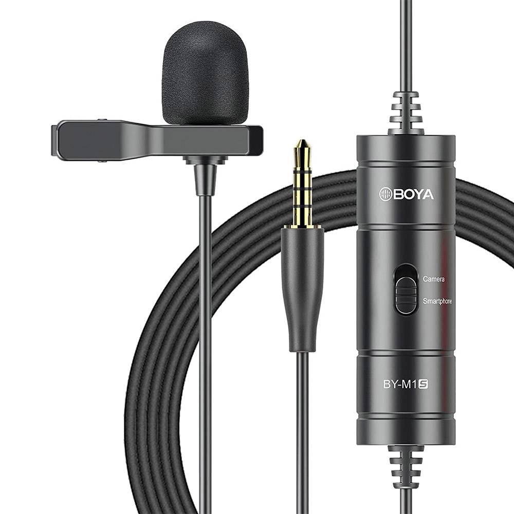 Microfone de Lapela BOYA BY-M1S Clip-on Universal Com Fio Jack 3.5mm Preto