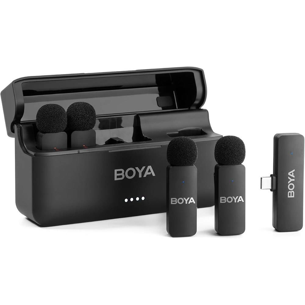 Microfone de Lapela BOYA BY-V4U (4 TX + 1 RX + Estojo de Carregamento) Ultracompact 2.4GHz Wireless USB-C Preto