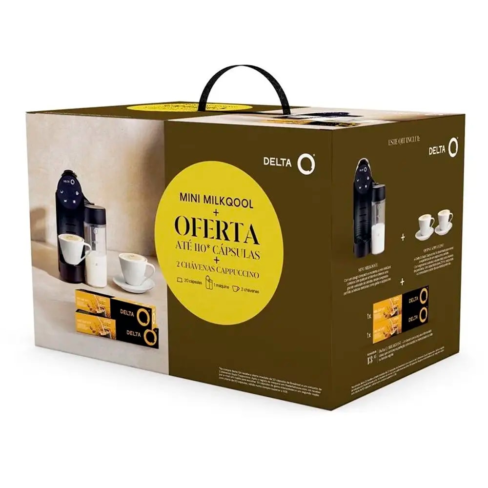 Bundle Máquina de Café de Cápsulas Delta Q Mini MilkQool 1200W 19 Bar Preta + 20 Cápsulas + 2 Chávenas Cappuccino