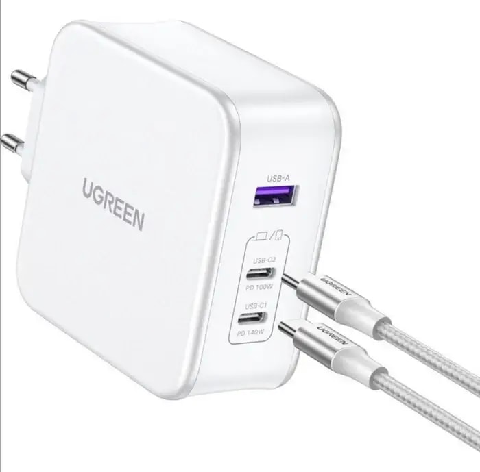 Carregador UGREEN Nexode Dual USB-C + USB-A 140W PD GaN Branco + Cabo USB-C 1.5m