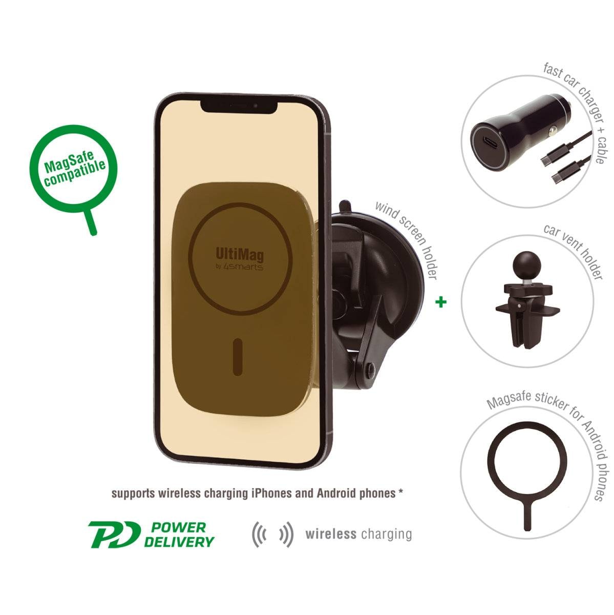 Carregador de Isqueiro + Suporte 4Smarts Wireless Car Charger Set UltiMag RoadTrip 15W Preto