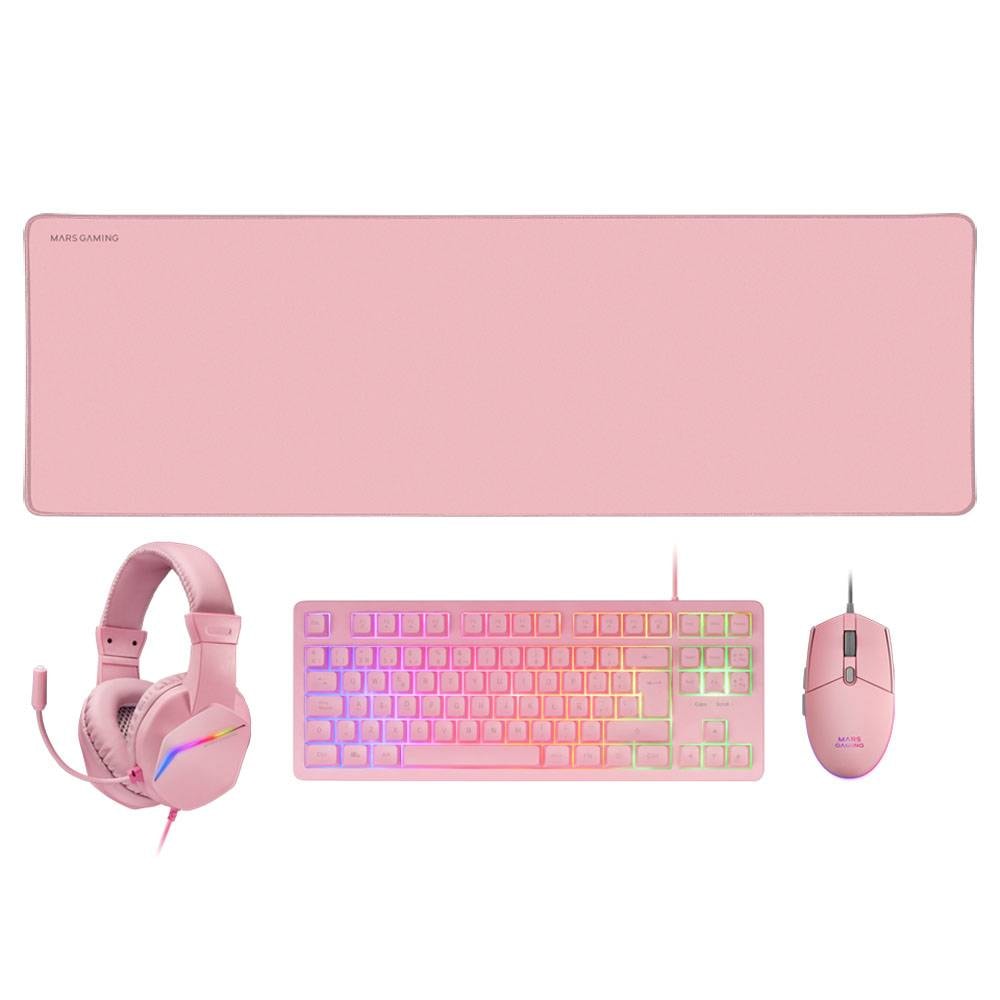Bundle Mars Gaming MCPRGB3 4-in-1 Gaming Combo RGB Rosa (Teclado TKL PT + Rato 3200DPI + Headset + Tapete XXL)