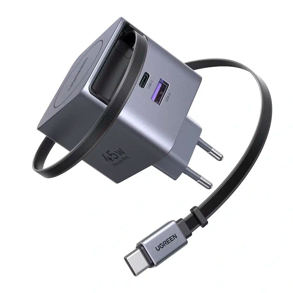 Carregador UGREEN Nexode GaN Infinity 45W 1x USB-A + 1x USB-C + 1x USB-C com Cabo Retrátil Cinza