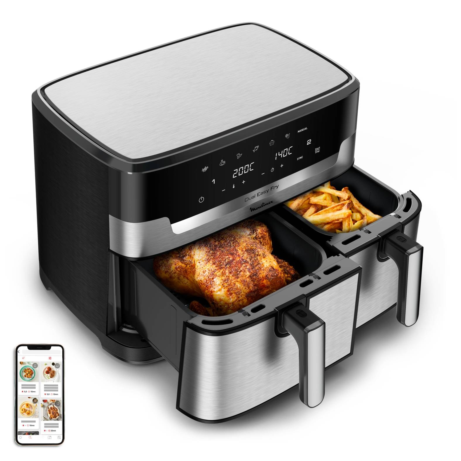 Fritadeira Air Fryer (Sem Óleo) Moulinex EZ942DF0 Easy Fry Dual XXL 6.5L+4.5L 2700W Inox/Preta