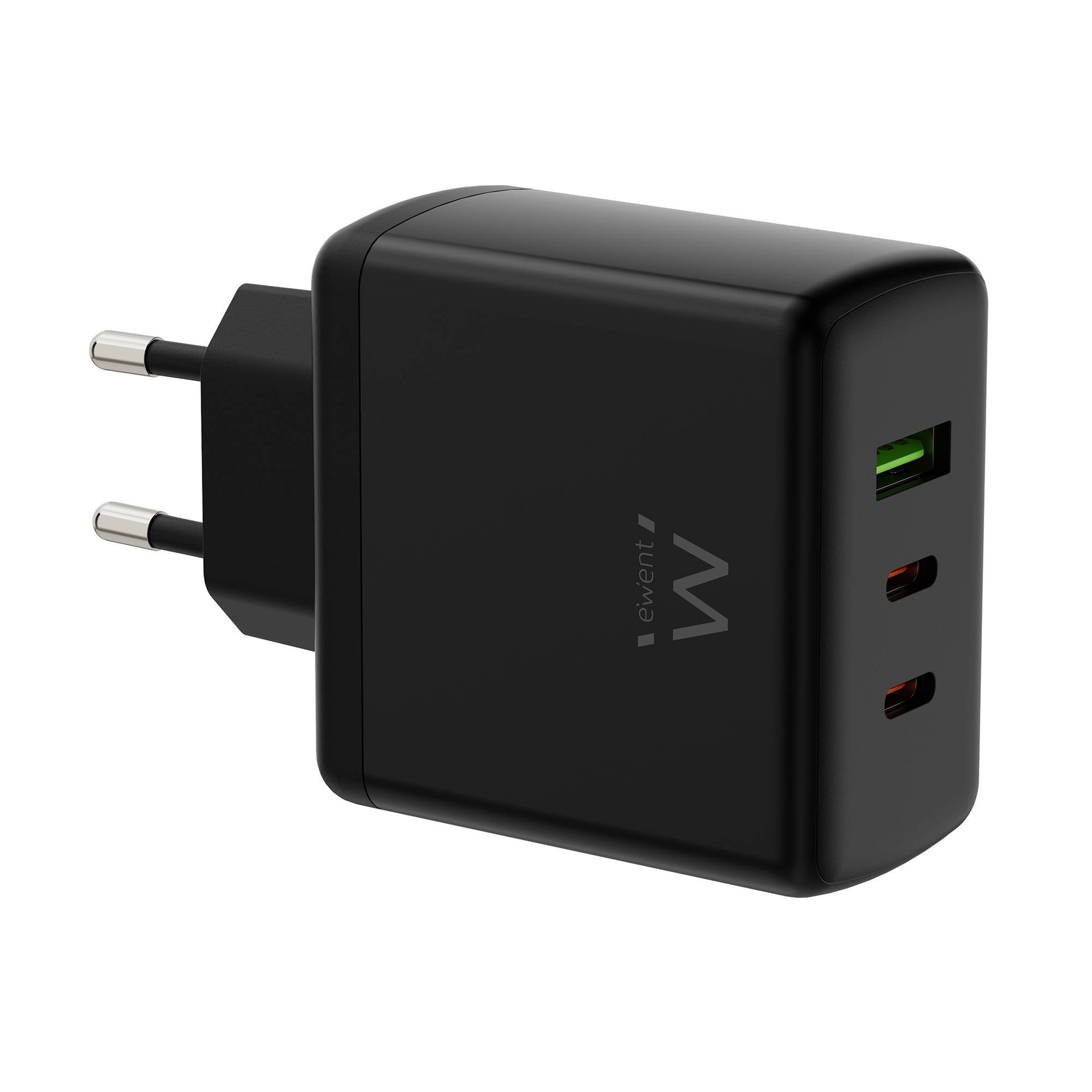 Carregador Ewent EW1331 Dual USB-C + USB-A GaN PD 65W Preto