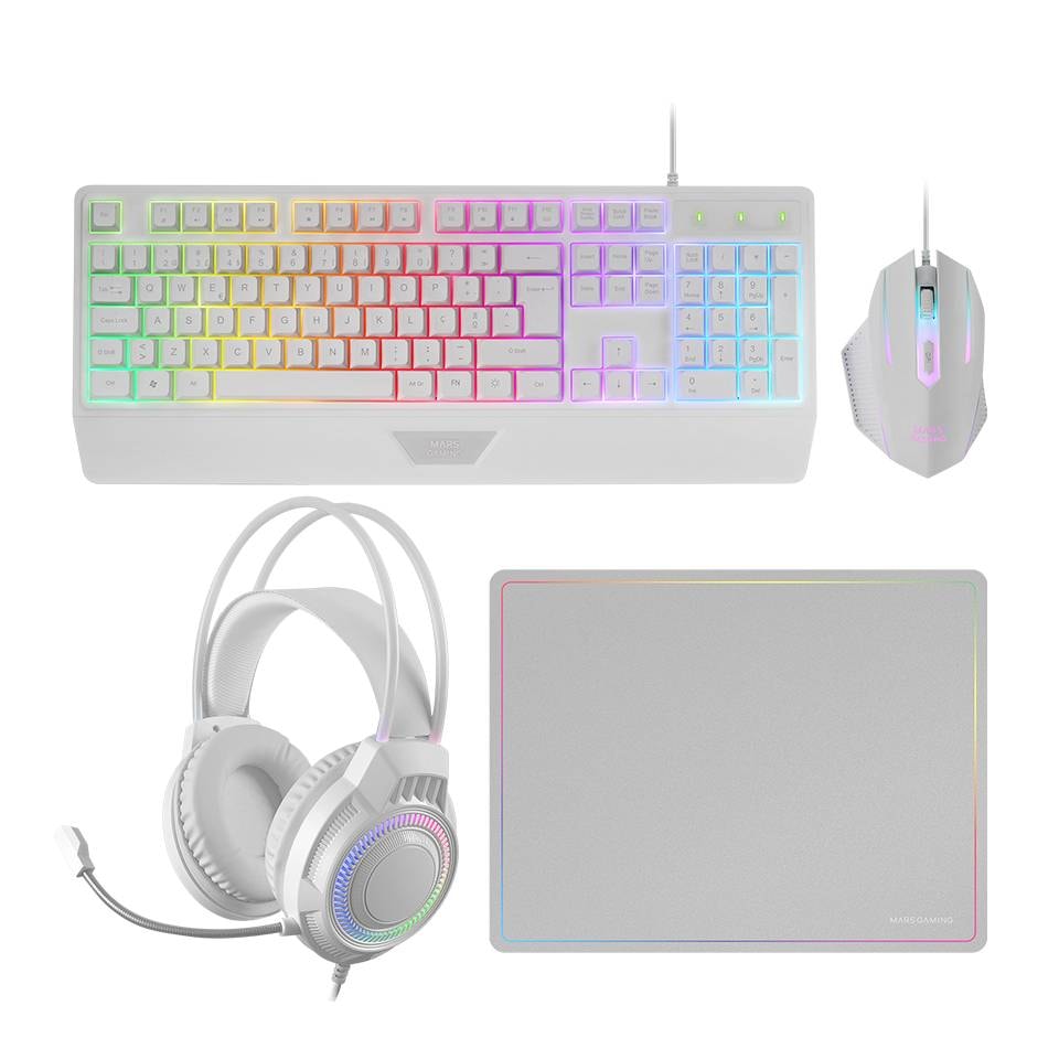 Bundle Mars Gaming MCP-124Pro Combo RGB Branco (Teclado Mecânico PT + Rato Óptico + Headset FRGB + Tapete)