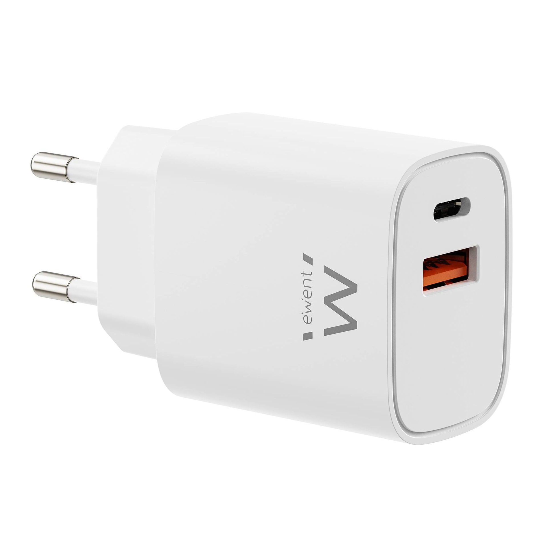 Carregador Ewent EW1326 USB-C + USB-A GaN PD 30W Branco