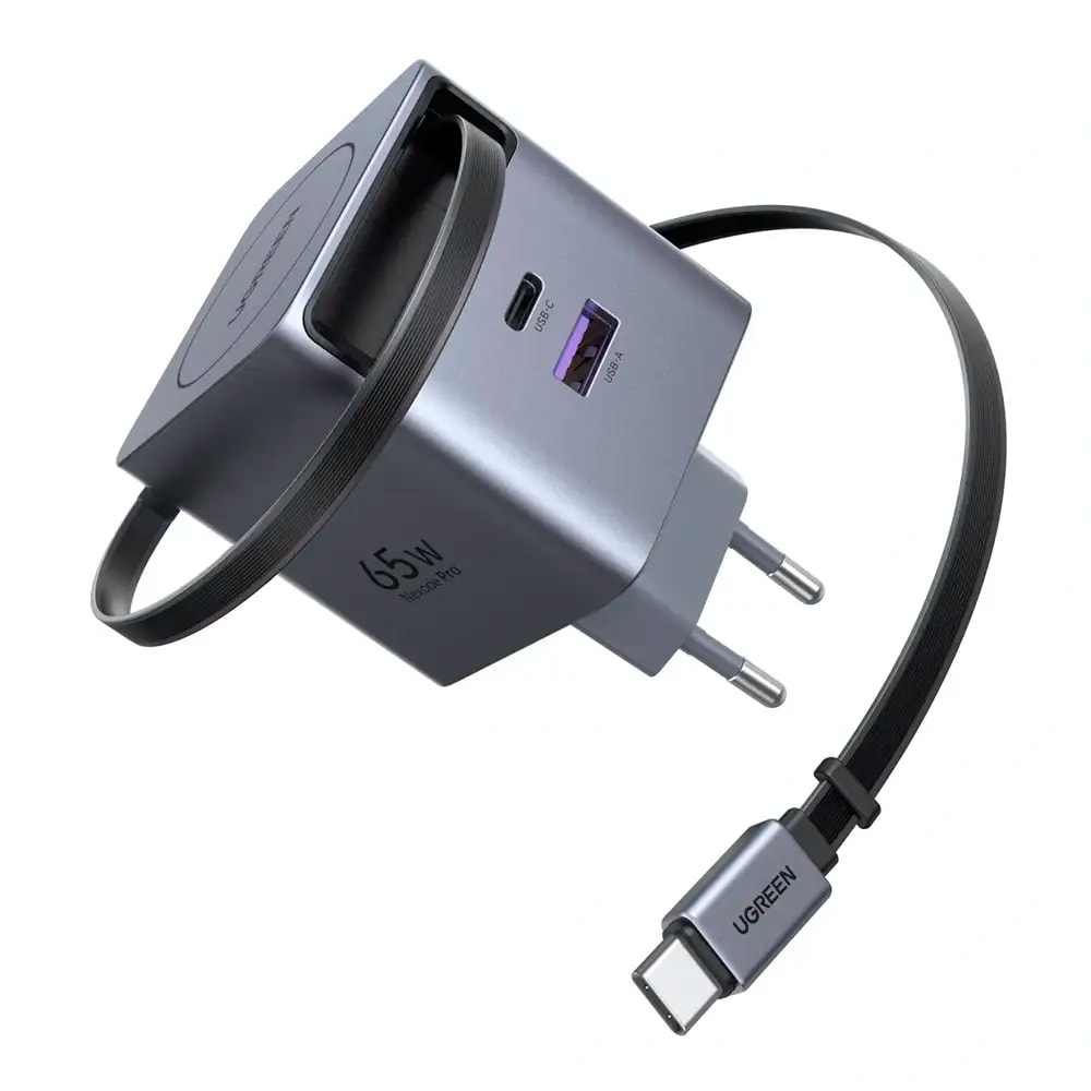 Carregador UGREEN Nexode GaN Infinity 65W 1x USB-A + 1x USB-C + 1x USB-C com Cabo Retrátil Cinza