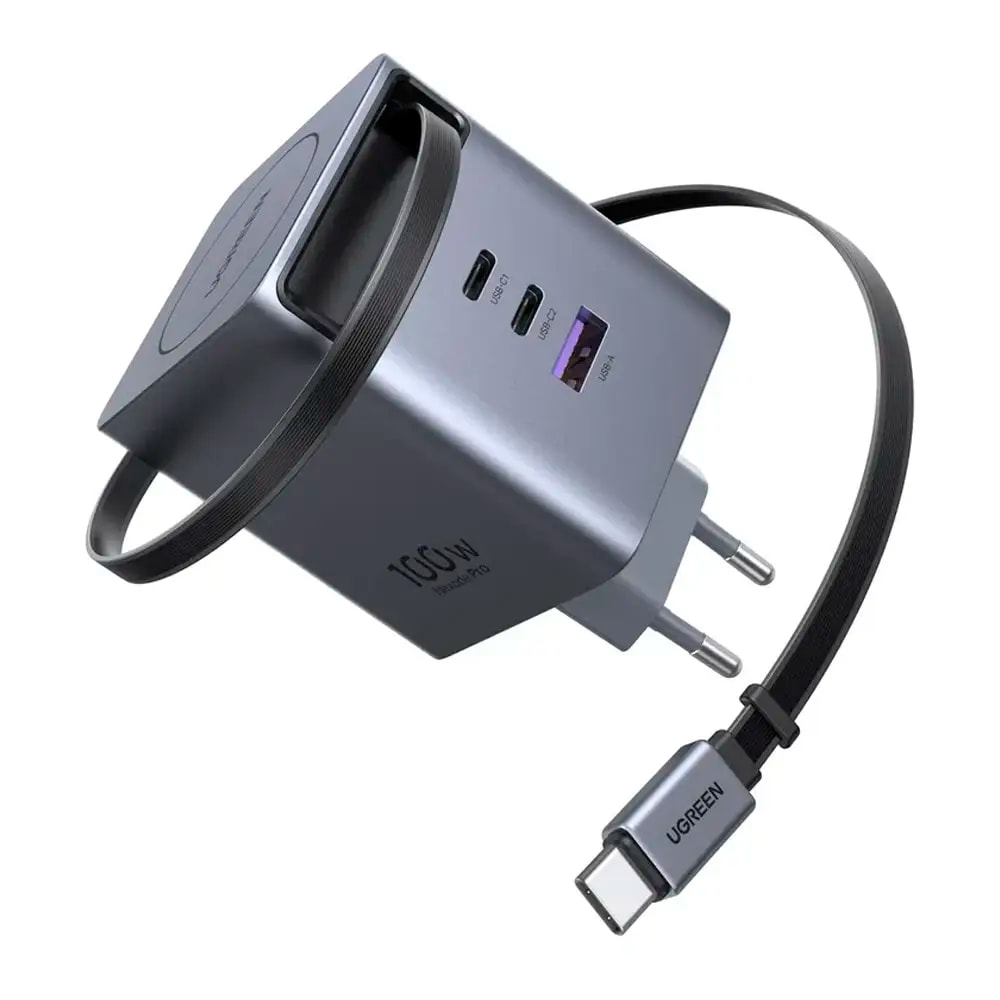 Carregador UGREEN Nexode GaN Infinity 100W 1x USB-A + 1x USB-C + 1x USB-C com Cabo Retrátil Cinza
