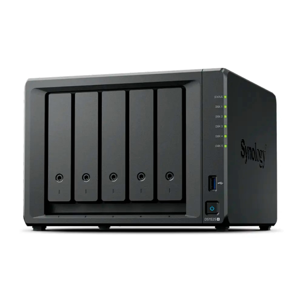 NAS Synology DiskStation DS1525+ | 5 Baías | CPU 4-Core AMD Ryzen V1500B | RAM 8GB DDR4 | Preto