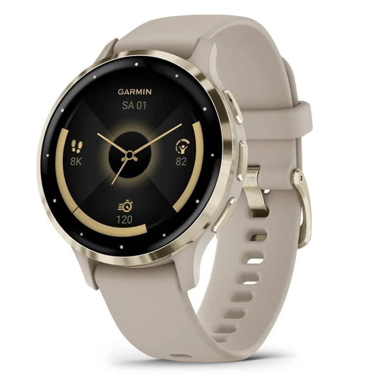 Smartwatch Garmin Venu 3S (41mm) Rebordo em Aço Inoxidável Dourado Macio com Caixa French Gray e Bracelete em Silicone