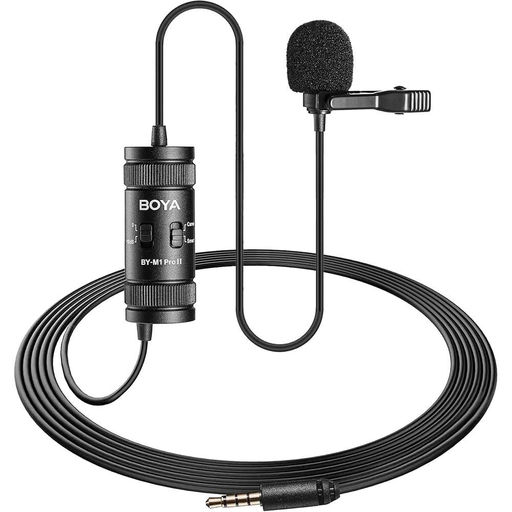 Microfone de Lapela BOYA BY-M1 Pro II (c/ Ajuste de Ganho -10dB) Clip-on Universal Com Fio Jack 3.5mm Preto