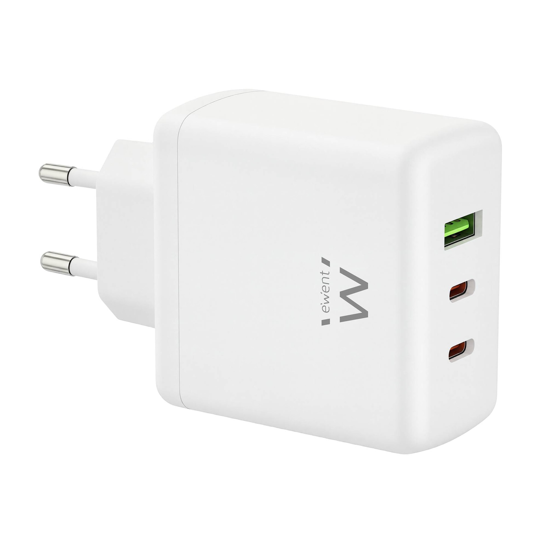 Carregador Ewent EW1333 Dual USB-C + USB-A GaN PD 65W Branco