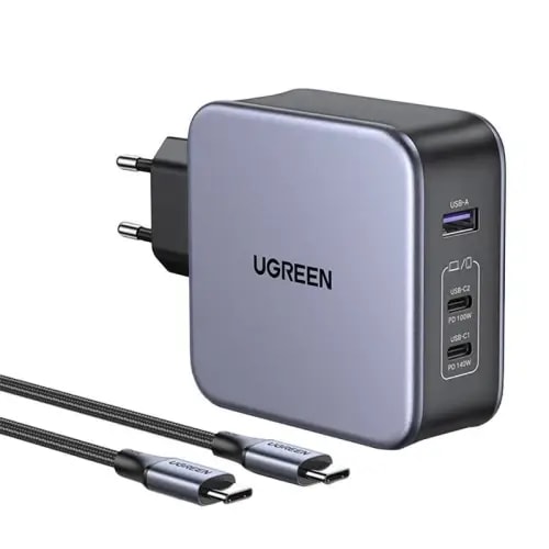 Carregador UGREEN Nexode Dual USB-C + USB-A 140W PD GaN Cinza + Cabo USB-C 1.5m
